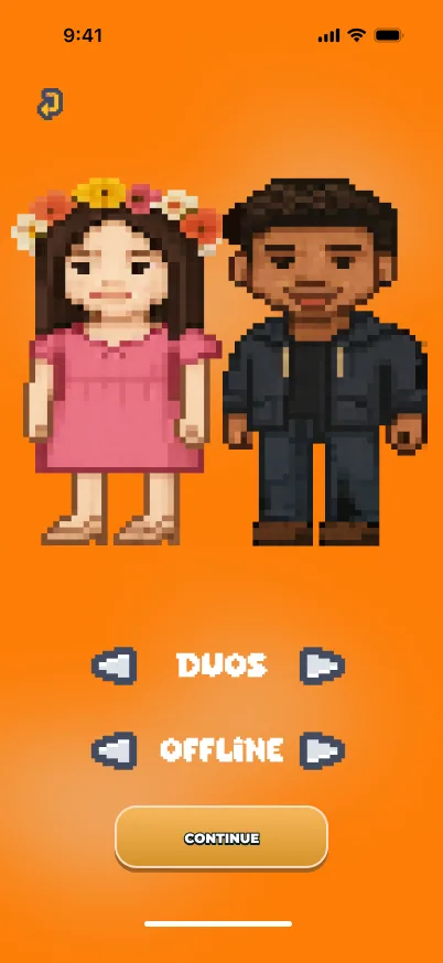 Mode select with two pixel characters, Duos and Offline