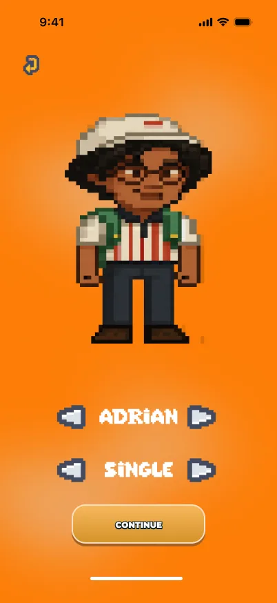 Character select showing Adrian as a pixel character