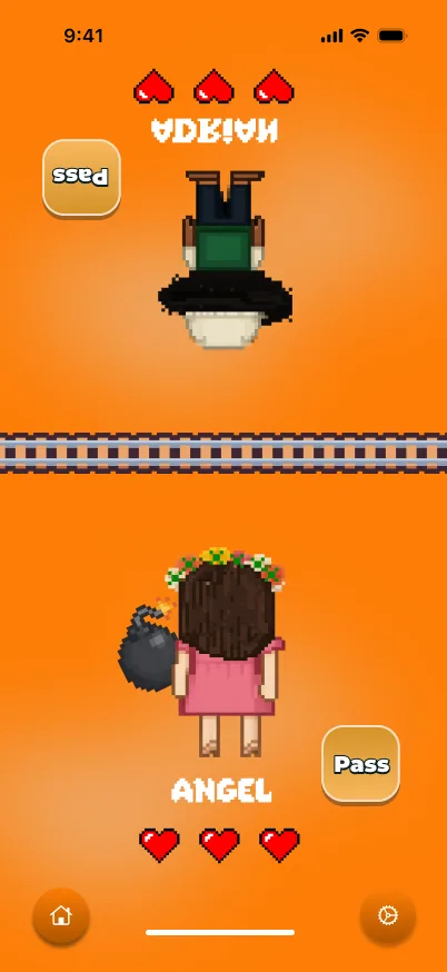 Gameplay: Angel holds the bomb at the bottom, Adrian waits upside down at the top, each with three hearts and a Pass button