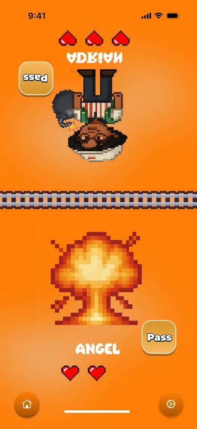 The bomb explodes in a pixel mushroom cloud on Angel's side