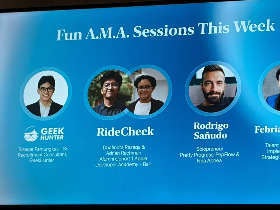 Slide titled Fun A.M.A. Sessions This Week, listing RideCheck with Dhafindra Razaqa and Adrian Rachman