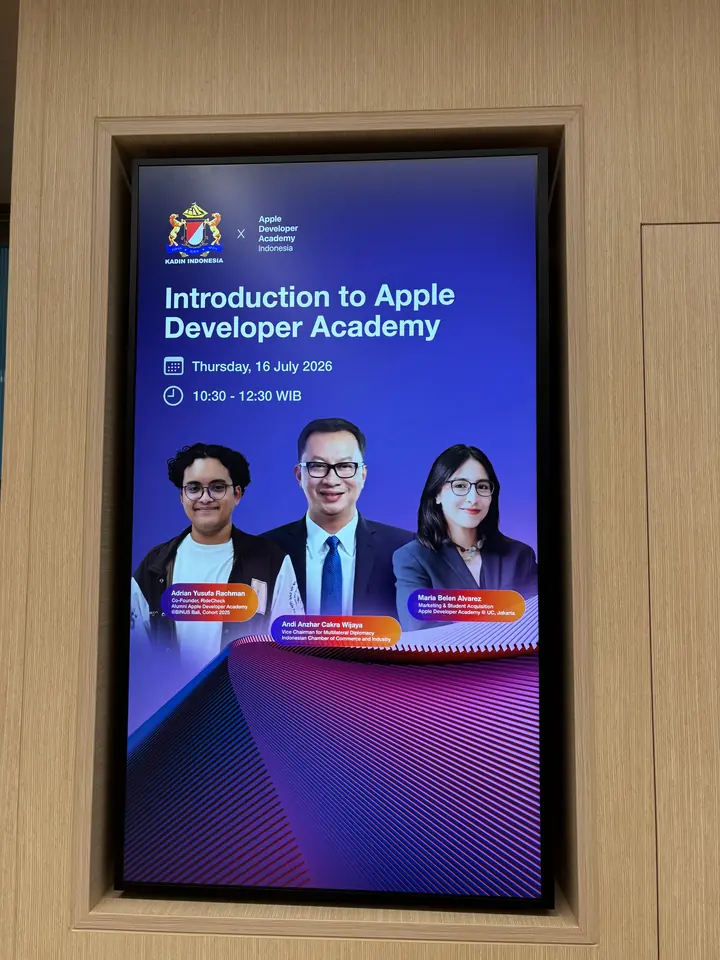A screen showing the event poster: Introduction to Apple Developer Academy, Thursday 16 July 2026, with Adrian among the speakers
