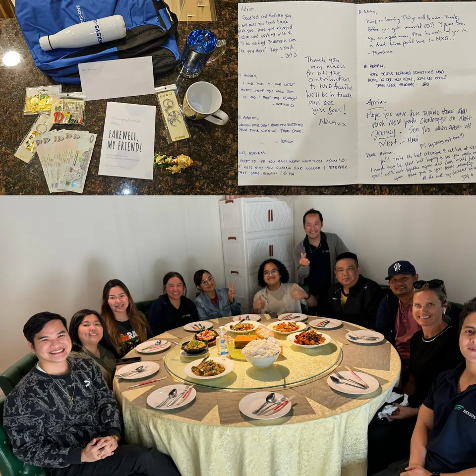 Collage of farewell cards and gifts above a photo of the team at a round lunch table