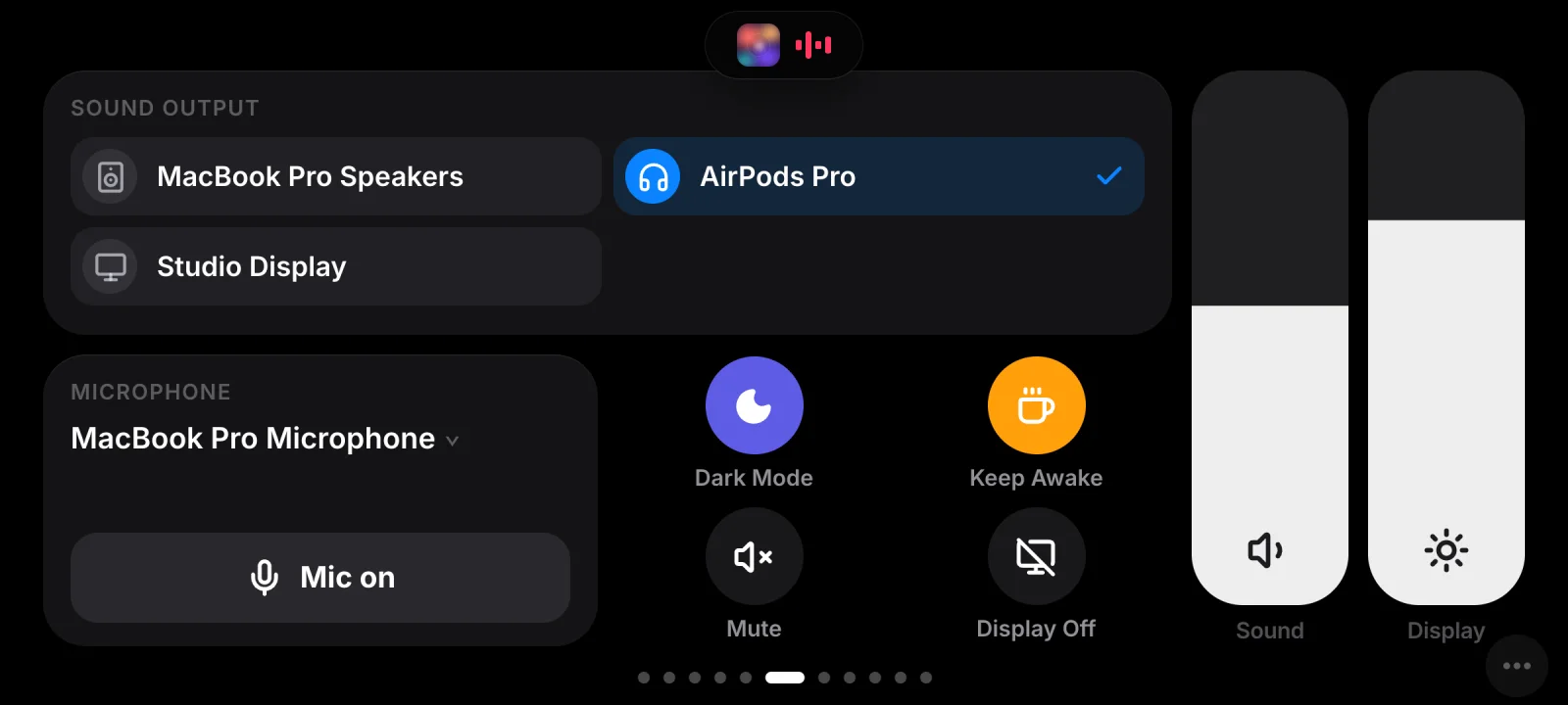 Controls: choose the sound output, mute the microphone, toggle Dark Mode, Keep Awake, Mute and Display Off, and vertical sliders for sound and display brightness