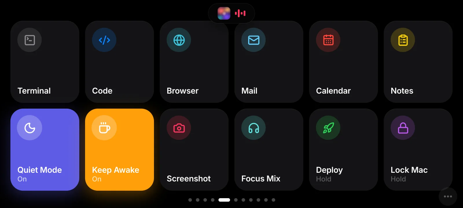 Deck: twelve buttons such as Terminal, Code, Browser and Mail; Quiet Mode and Keep Awake are lit; Deploy and Lock Mac need a hold to confirm