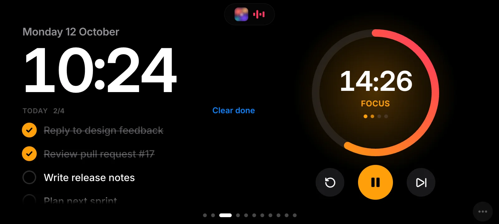 Focus: a pomodoro ring at 14:26 beside today’s task list with two of four done