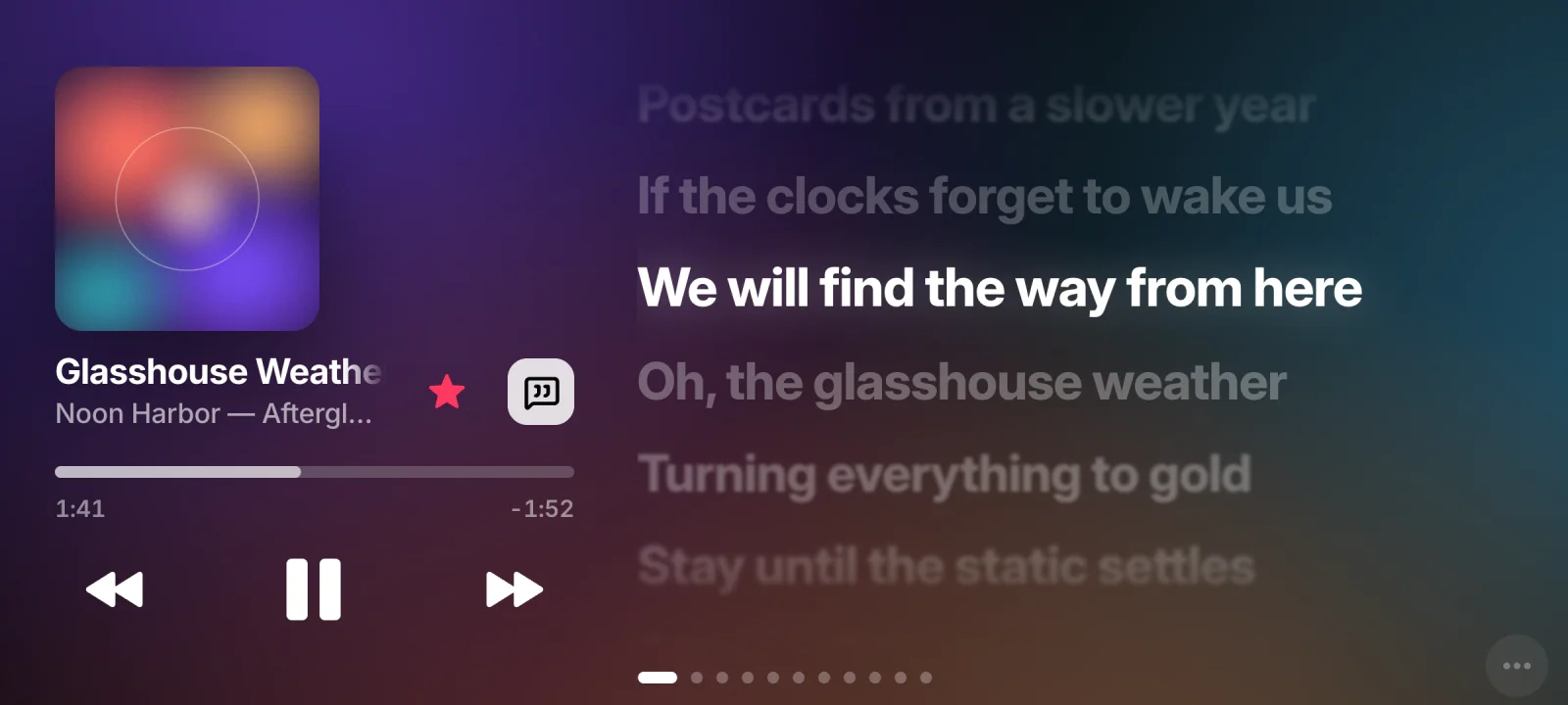 MUOOD on a landscape phone: a stand-in album cover, ILLENIUM’s ‘Reverie’ with playback controls, and synced lyrics with the current line lit