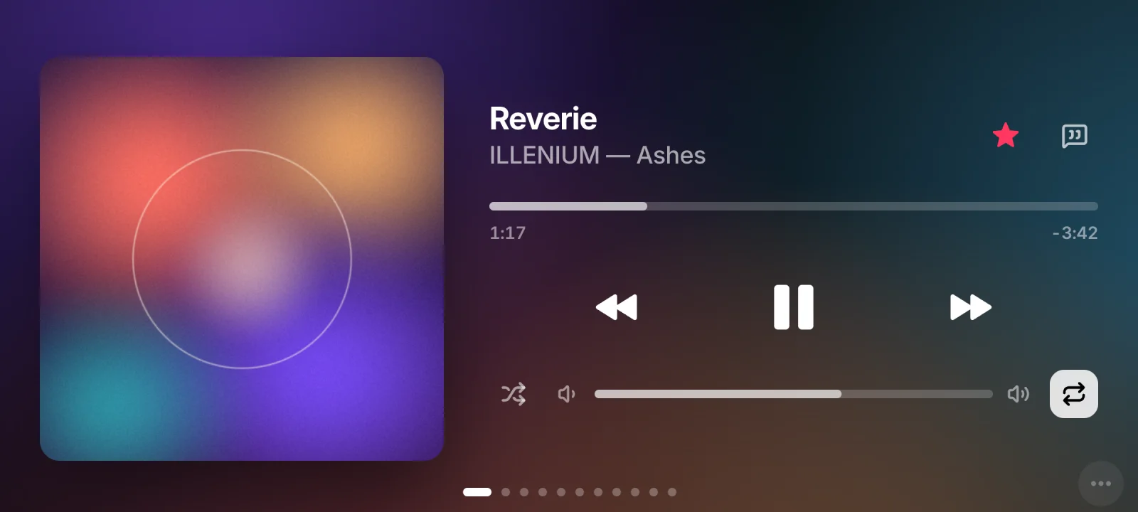 Now Playing: album art, title and artist, a seek bar, playback controls, shuffle, volume and repeat, over colours sampled from the cover
