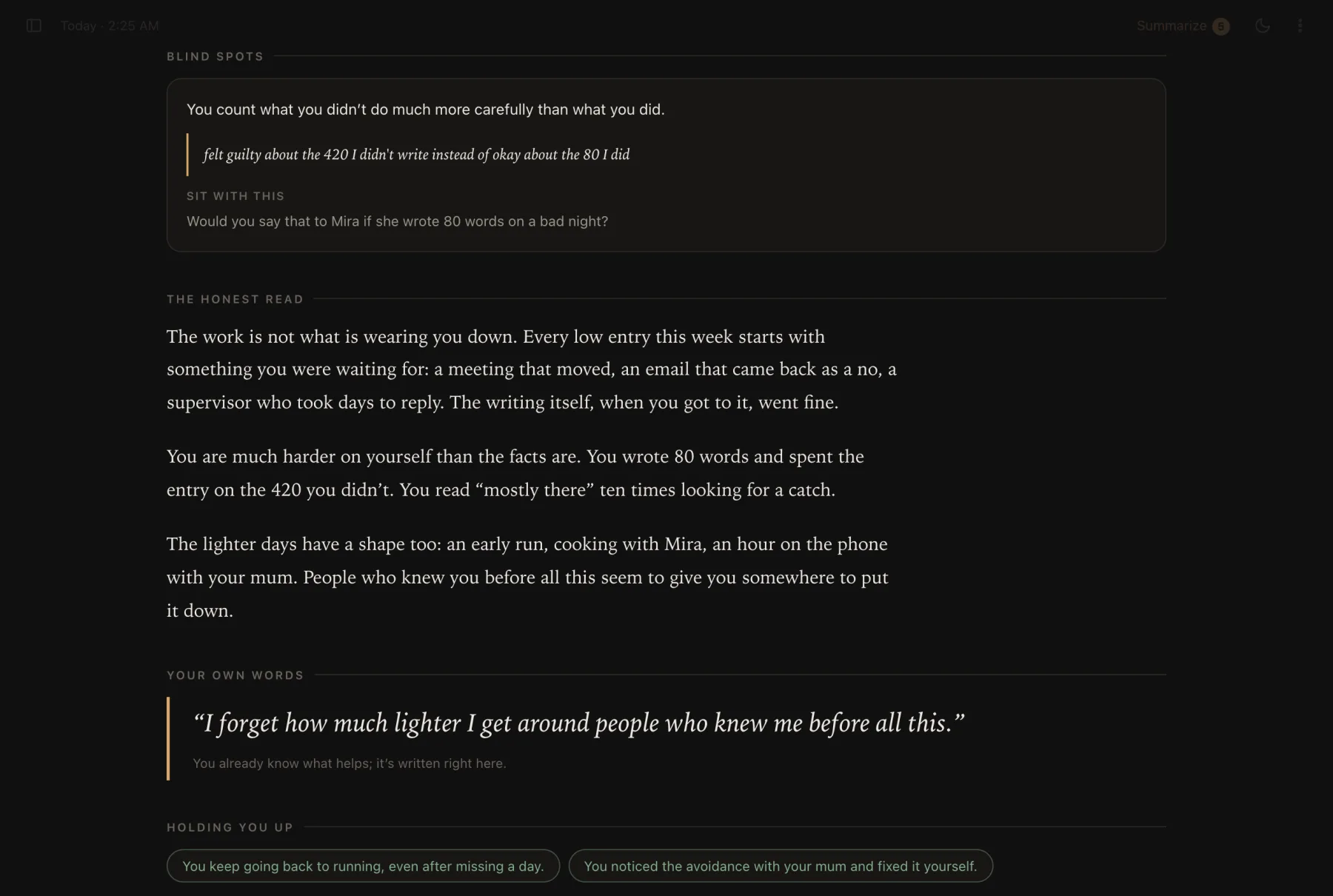 A blind spot backed by an exact quote, the honest read in serif paragraphs, and a pull quote of the writer’s own words