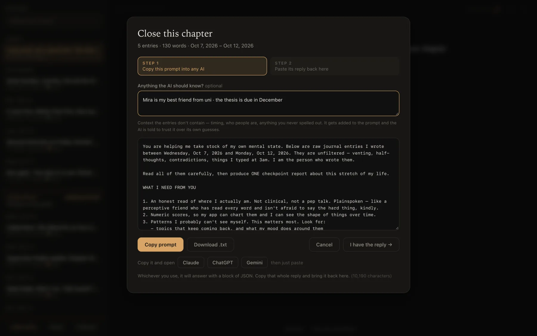 The ‘Close this chapter’ dialog: step one copies a prompt into any AI, step two pastes its reply back, with an optional box for context the entries don’t contain