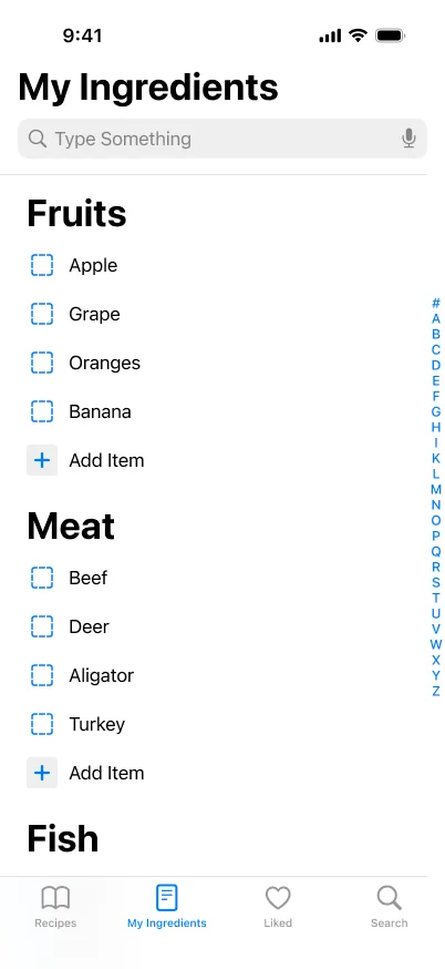 My Ingredients: a pantry list grouped into fruits, meat and fish