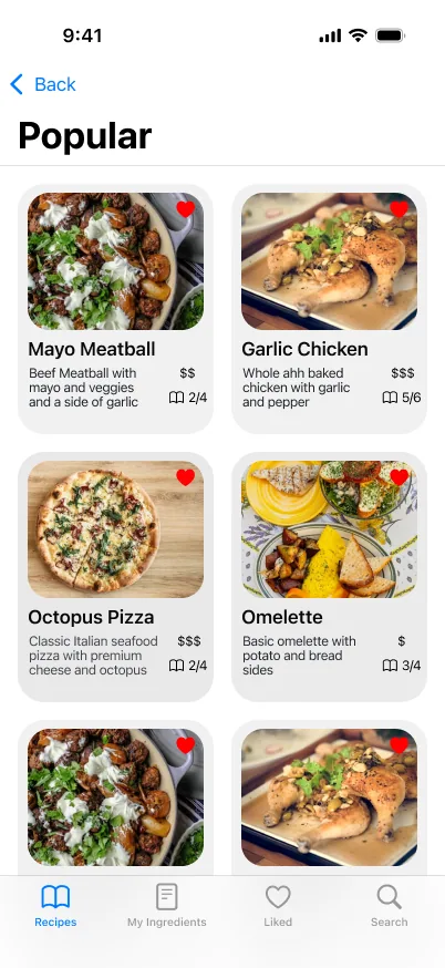 The popular recipes grid, each card showing a price and an owned-ingredients ratio