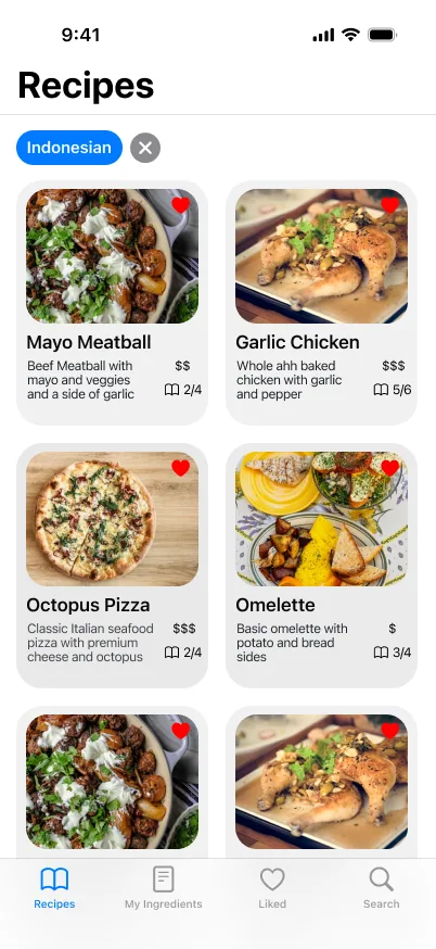 The recipes list filtered by an Indonesian chip that can be removed