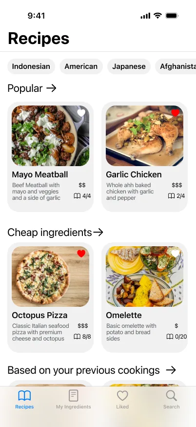 The recipes home screen: cuisine filters and rows of recipe cards