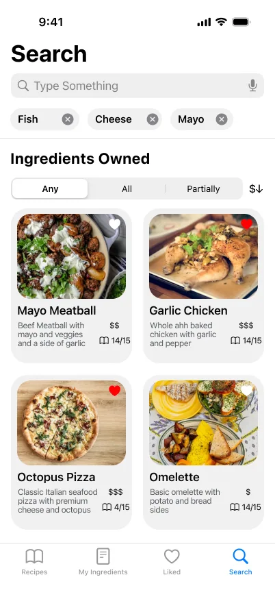 Search with ingredient chips for fish, cheese and mayo, and filters for ingredients owned: any, all or partially