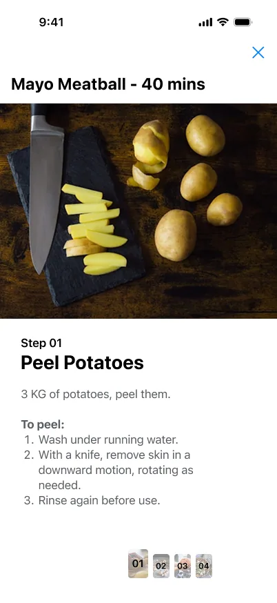 Cooking step one: peel potatoes, with numbered instructions and a step pager