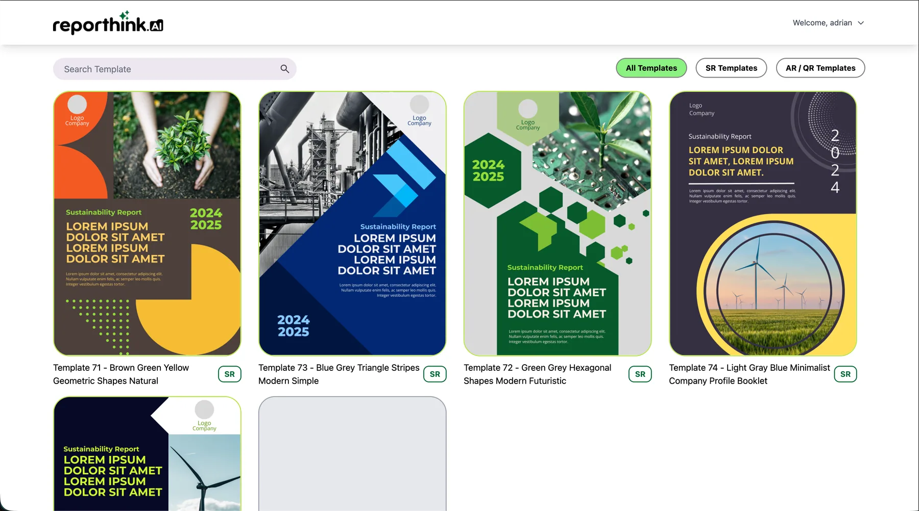 The template gallery: a search field, filters for all, SR and AR/QR templates, and cards for four report covers
