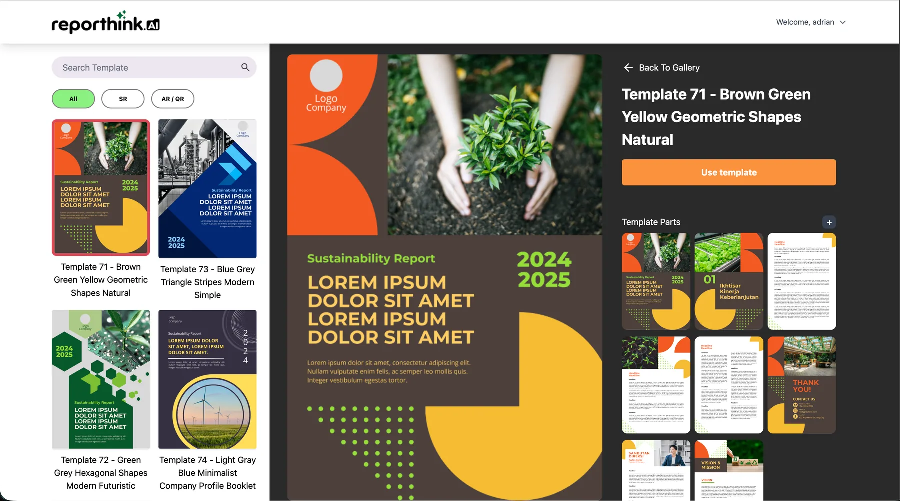 A template’s page in the editor: a large preview of a brown, orange and yellow sustainability report cover, a Use template button, and a grid of its Template Parts