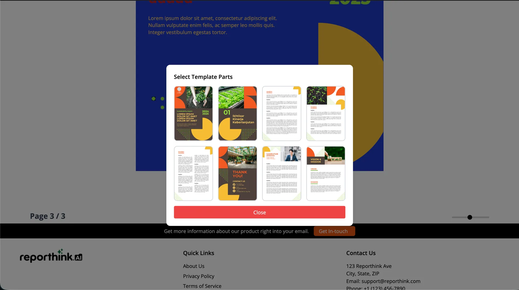 A Select Template Parts dialog over the editor, offering eight page layouts to add