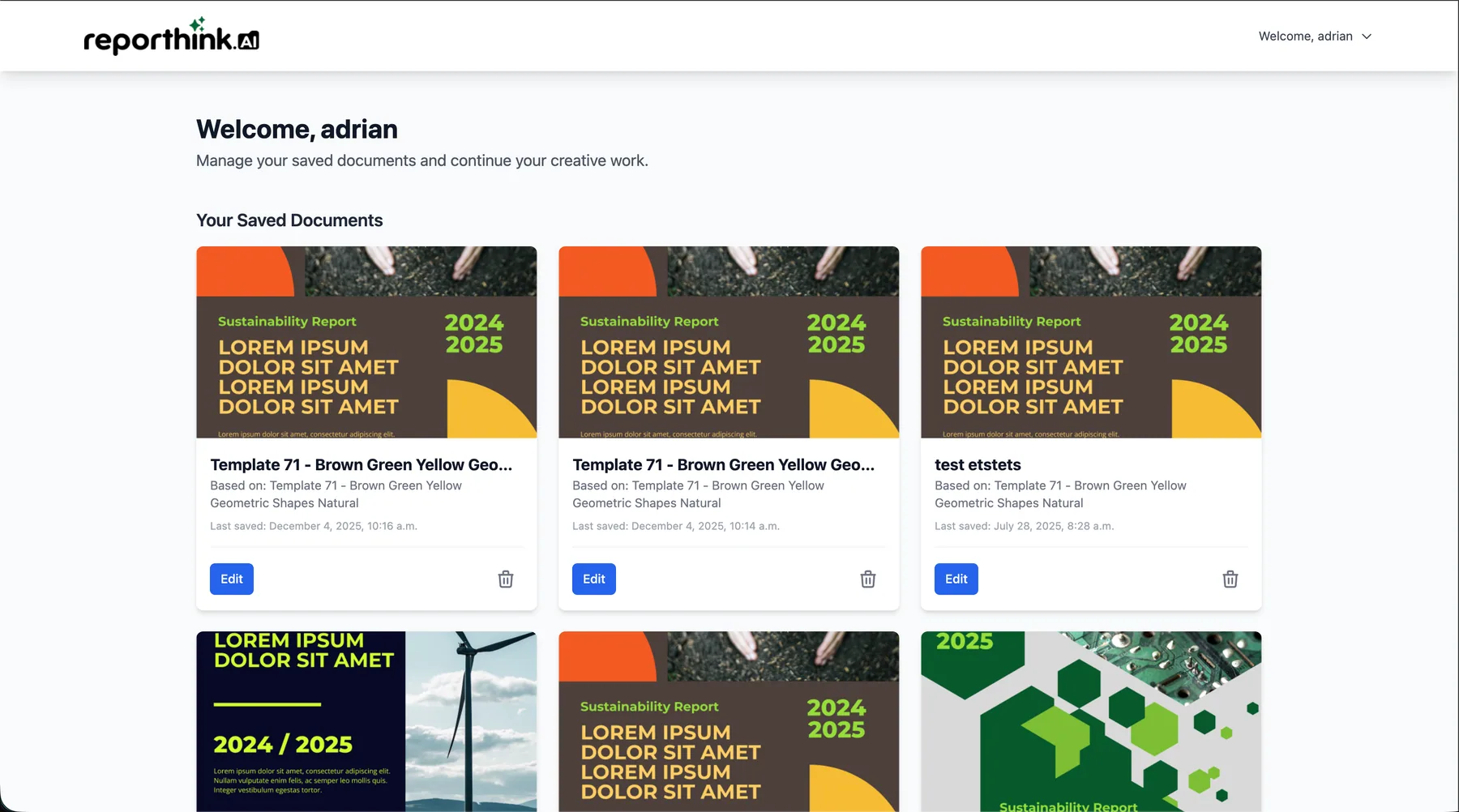The dashboard: Welcome, adrian, and a grid of saved documents with Edit and delete buttons