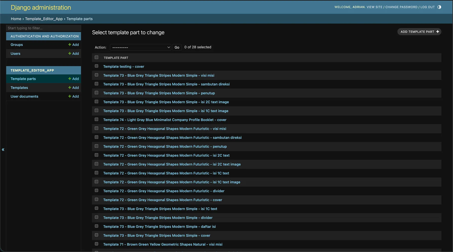 Django admin listing template parts such as covers, vision and mission pages and closing pages for each template