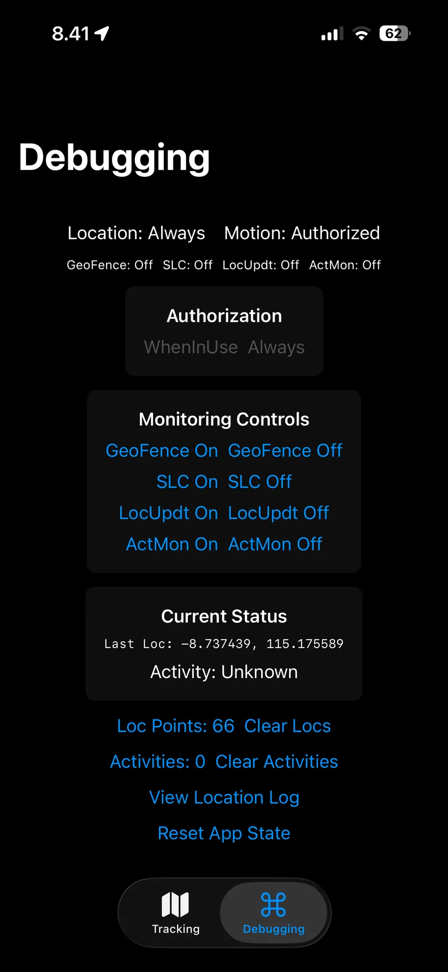 A debug screen with toggles for geofencing, significant location changes, location updates and activity monitoring
