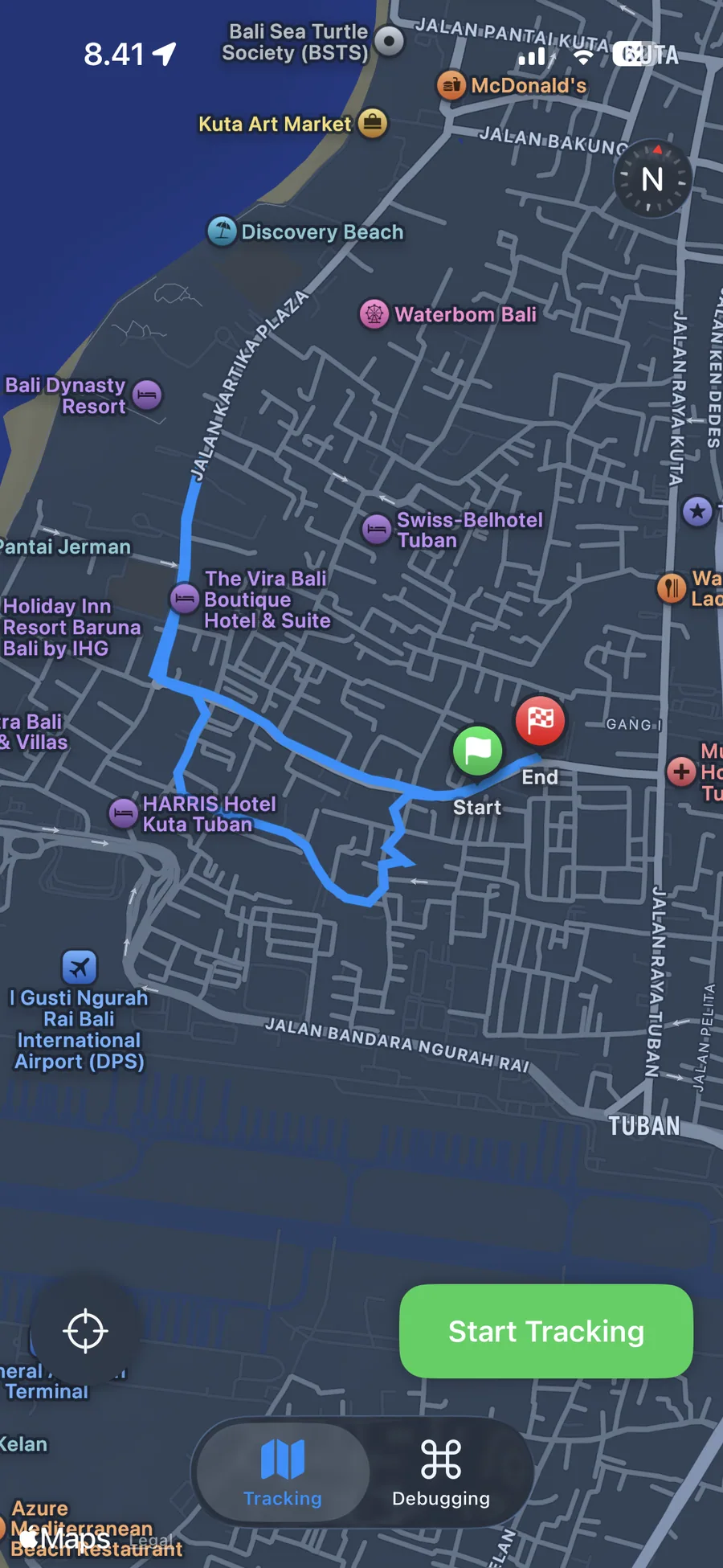 A test ride in Bali traced on a map by the tracker