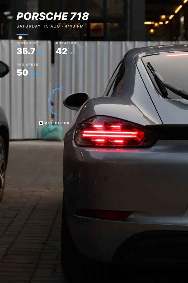 A trip card over a tail-light photo
