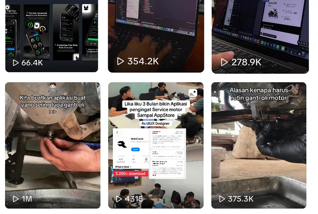 A grid of RideCheck videos with view counts from 66K to 1M