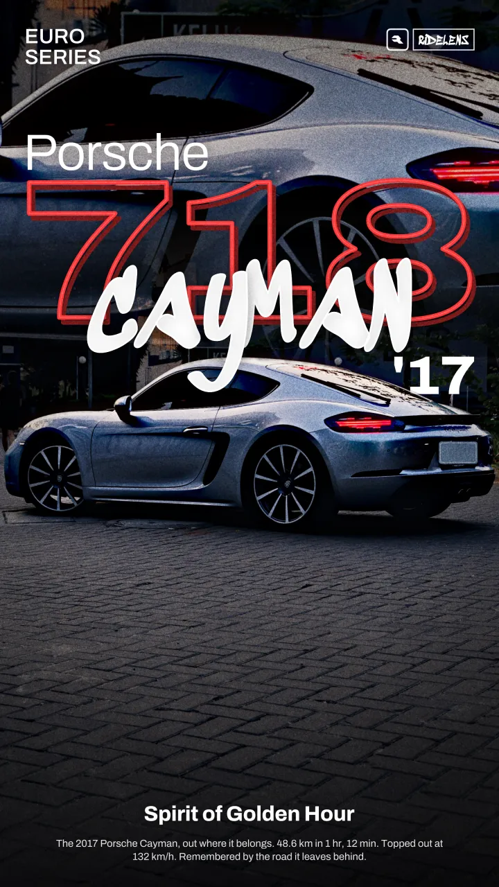 ‘Series’ poster: a silver Porsche Cayman at sunset under a red 718 outline and ‘Cayman ’17’ script