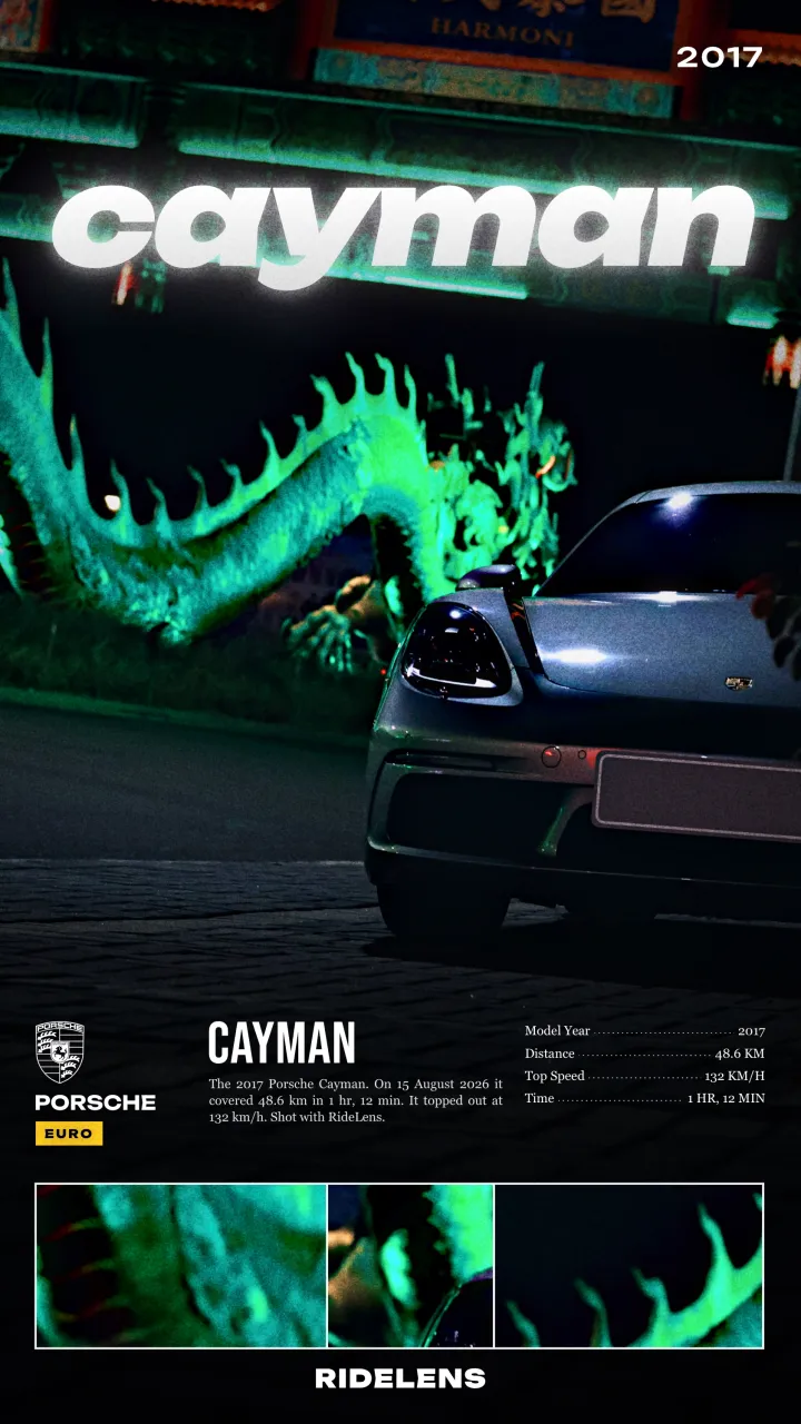 ‘Rally’ poster: the Cayman at night beside a glowing green dragon sculpture