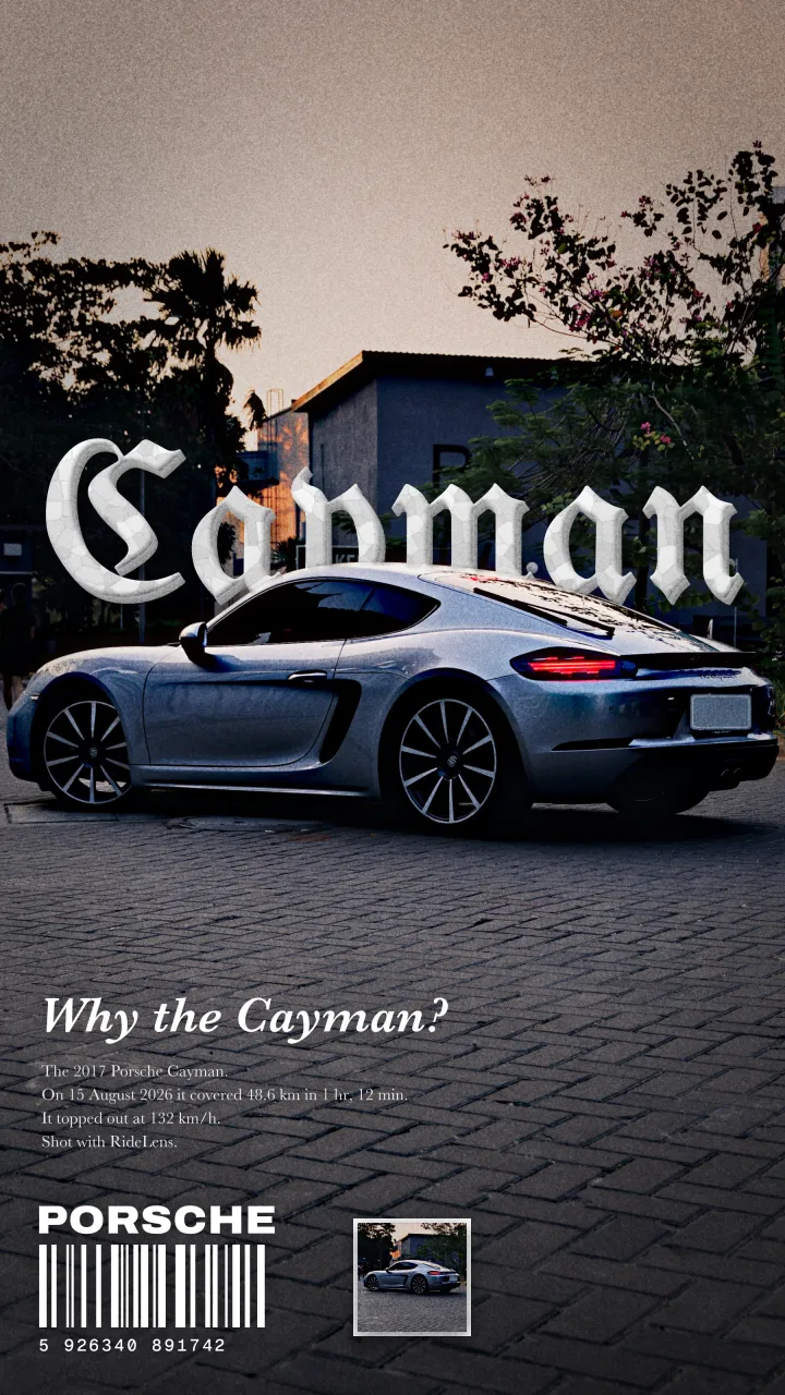 ‘Gothic’ poster: blackletter ‘Cayman’ over the car in evening light