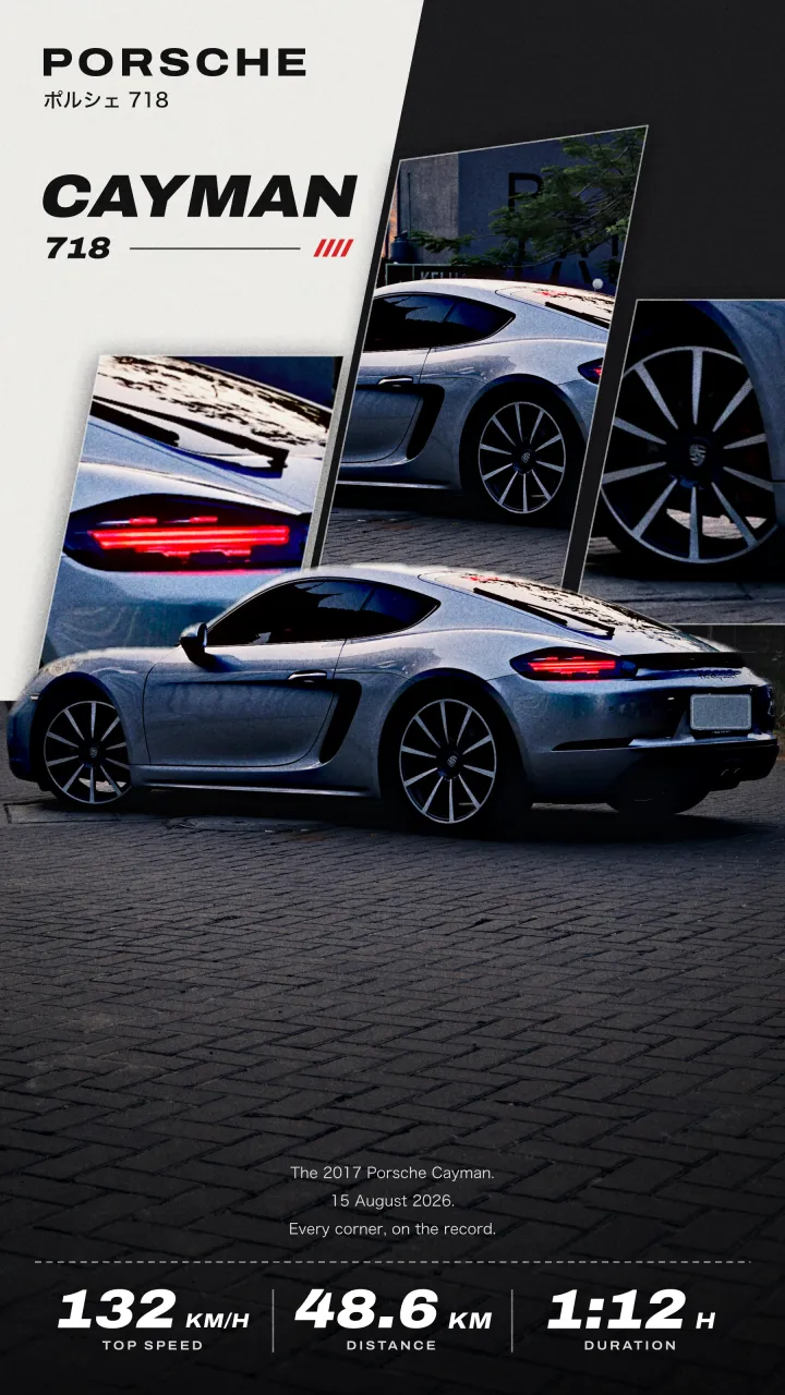 ‘Touge’ poster: the Cayman with a sharp diagonal crop and big stats along the bottom