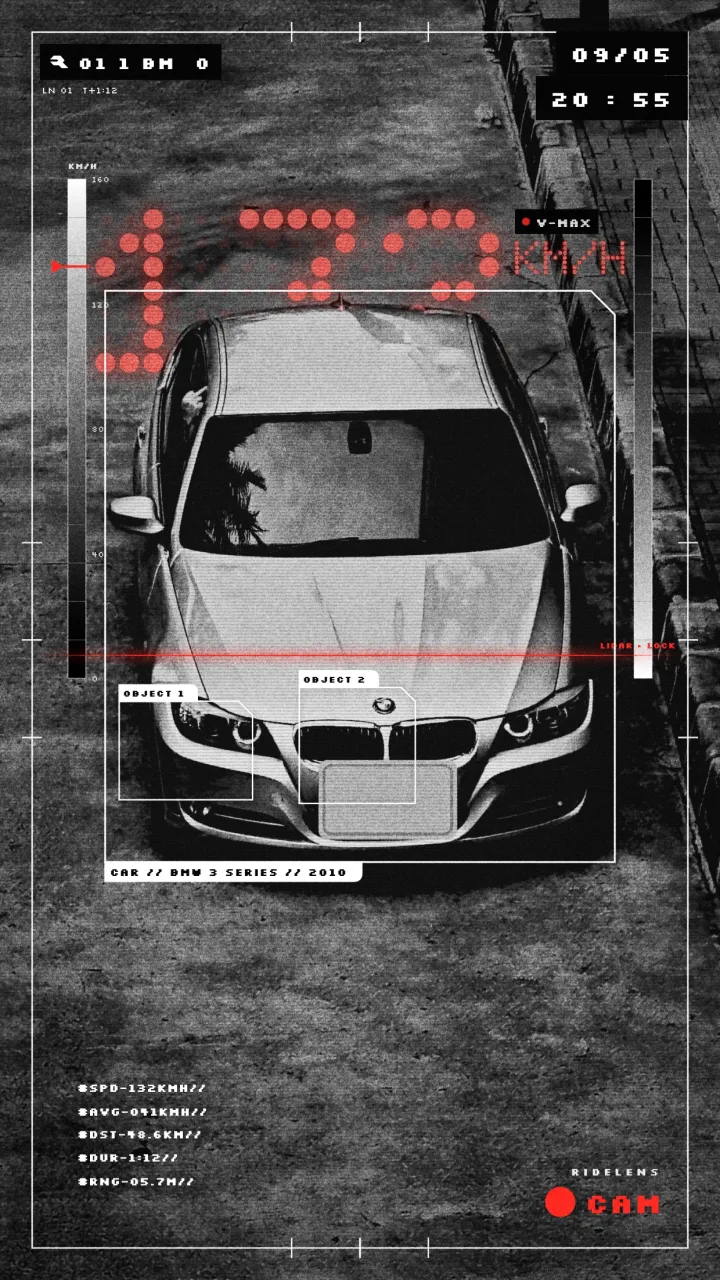 ‘Speed Cam’ poster: the BMW from above framed like a speed-camera capture with red readouts