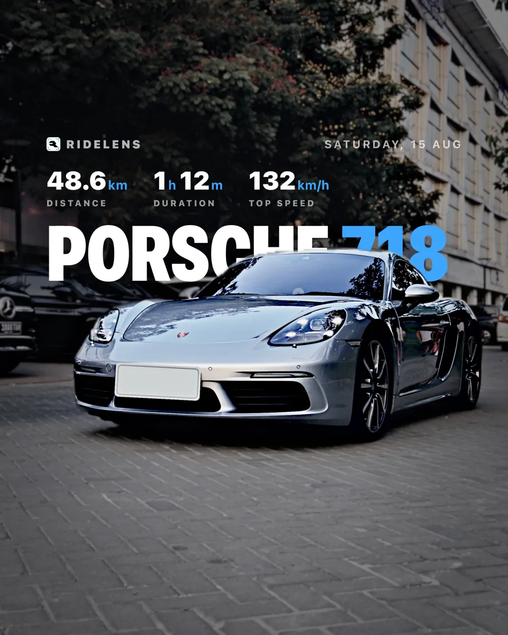 Cover sticker: distance, duration and top speed over a big PORSCHE headline
