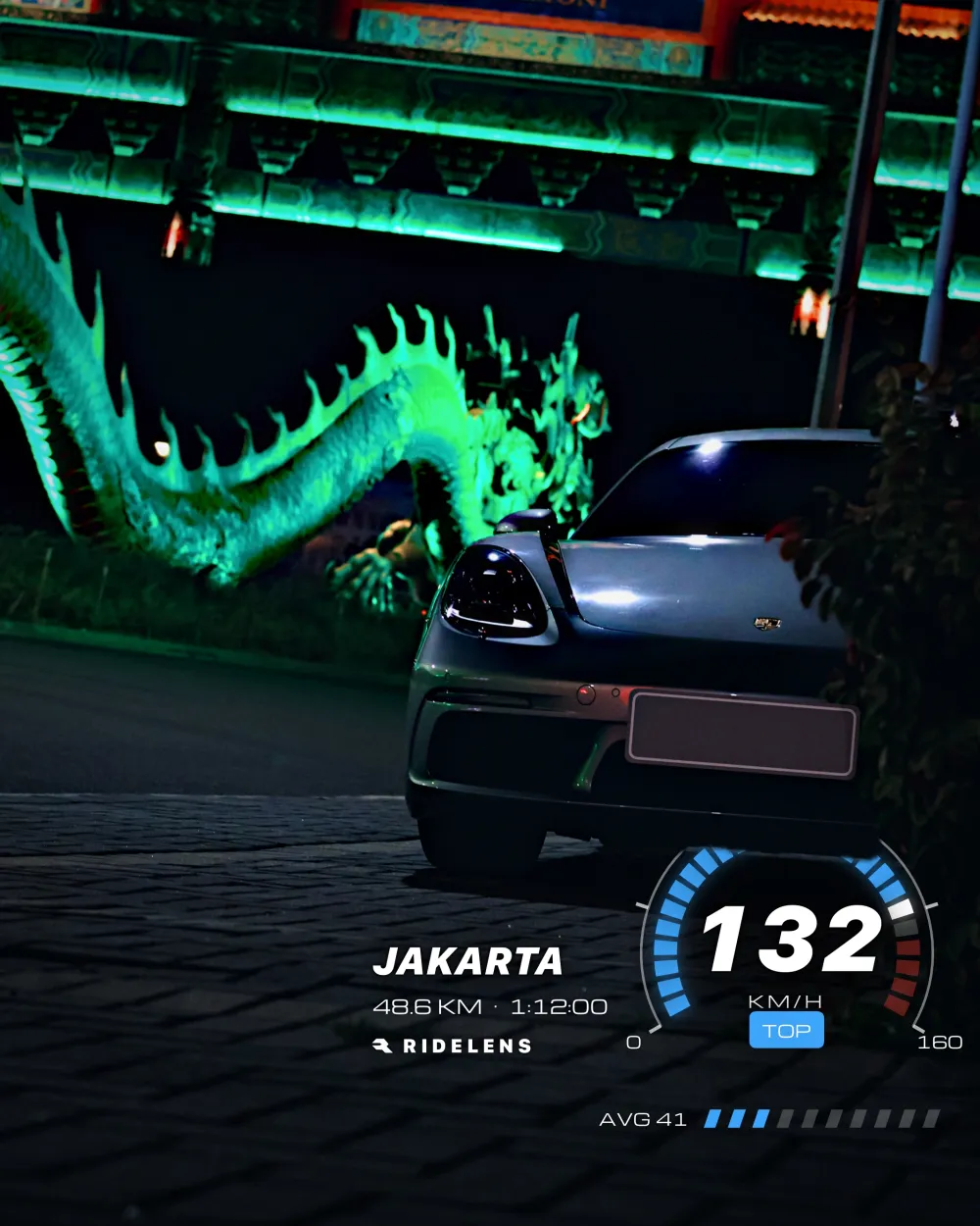 Speedo sticker: a speedometer reading 132 over the Cayman at night