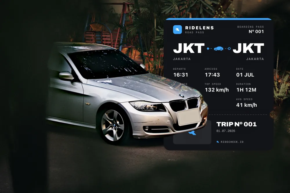 Pass sticker: a boarding pass for a drive from JKT to JKT beside the BMW