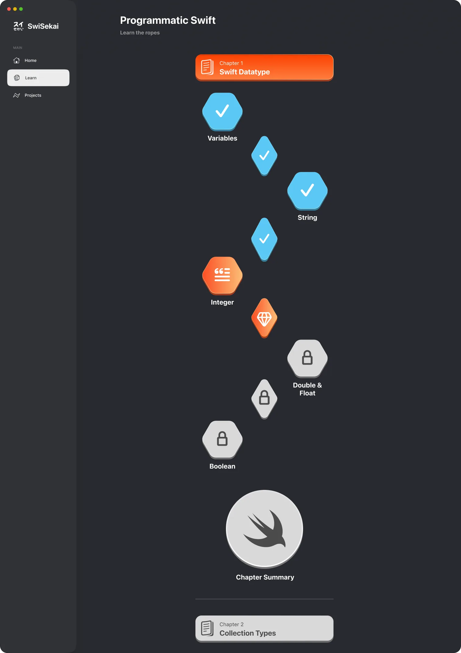 The learning map: hexagon modules for Variables, String and Integer completed or in progress, with Double, Float and Boolean still locked