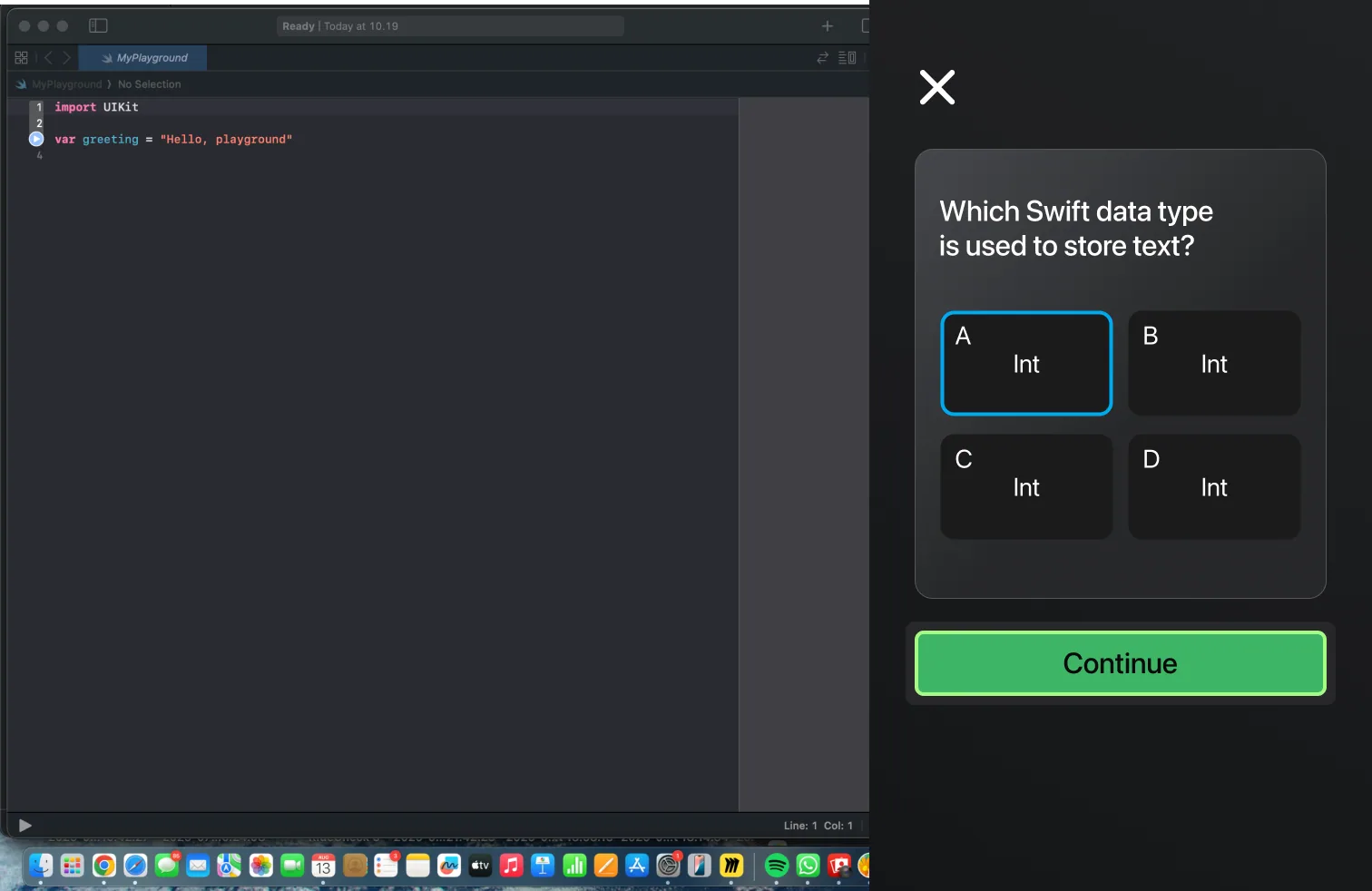A quiz asking which Swift data type stores text, shown beside an Xcode playground