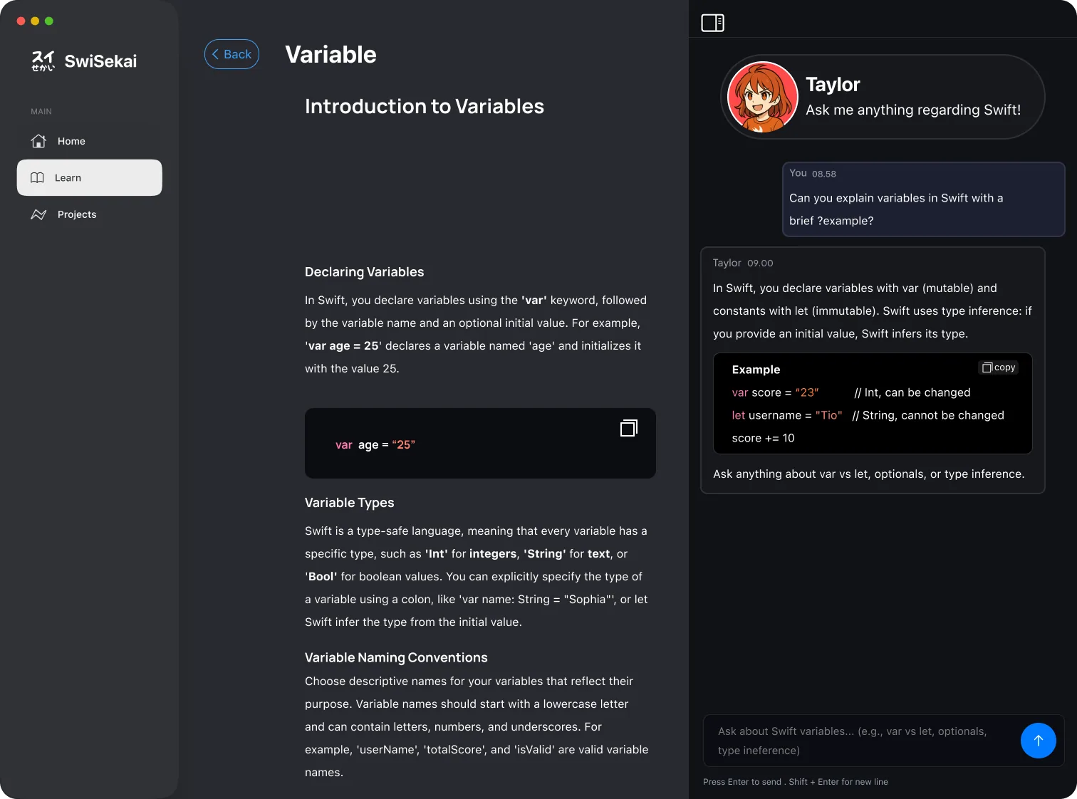 A lesson on variables with Taylor, the AI mentor, answering a question in the side panel