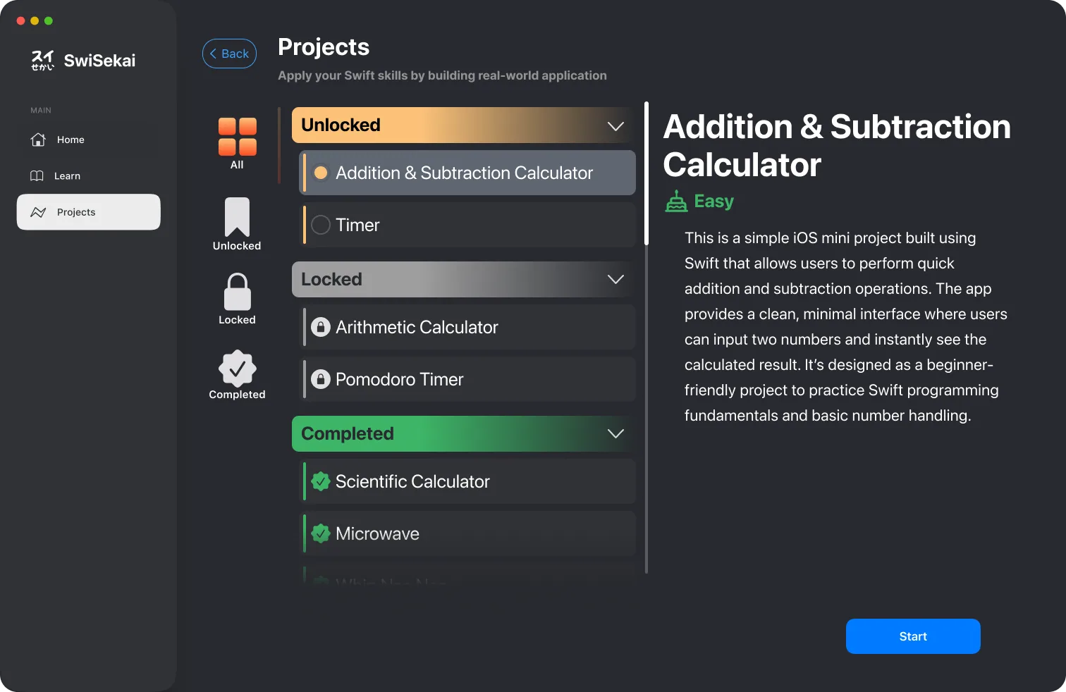 The projects list, grouped into unlocked, locked and completed, with the Addition and Subtraction Calculator selected