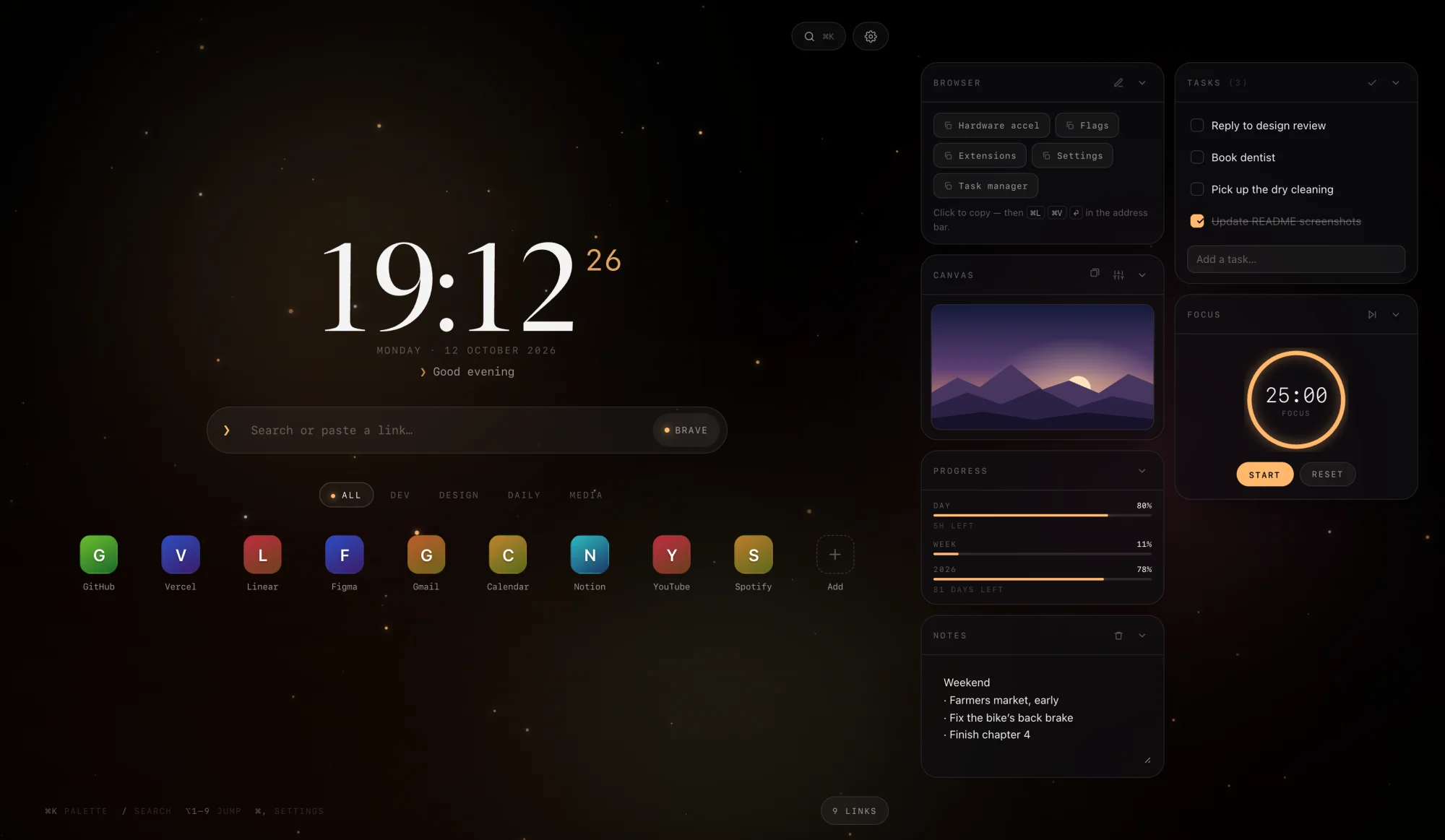 The Ember theme: a warm brown-black background with glowing orange fireflies, a serif clock reading 19:12 and the greeting ‘Good evening’