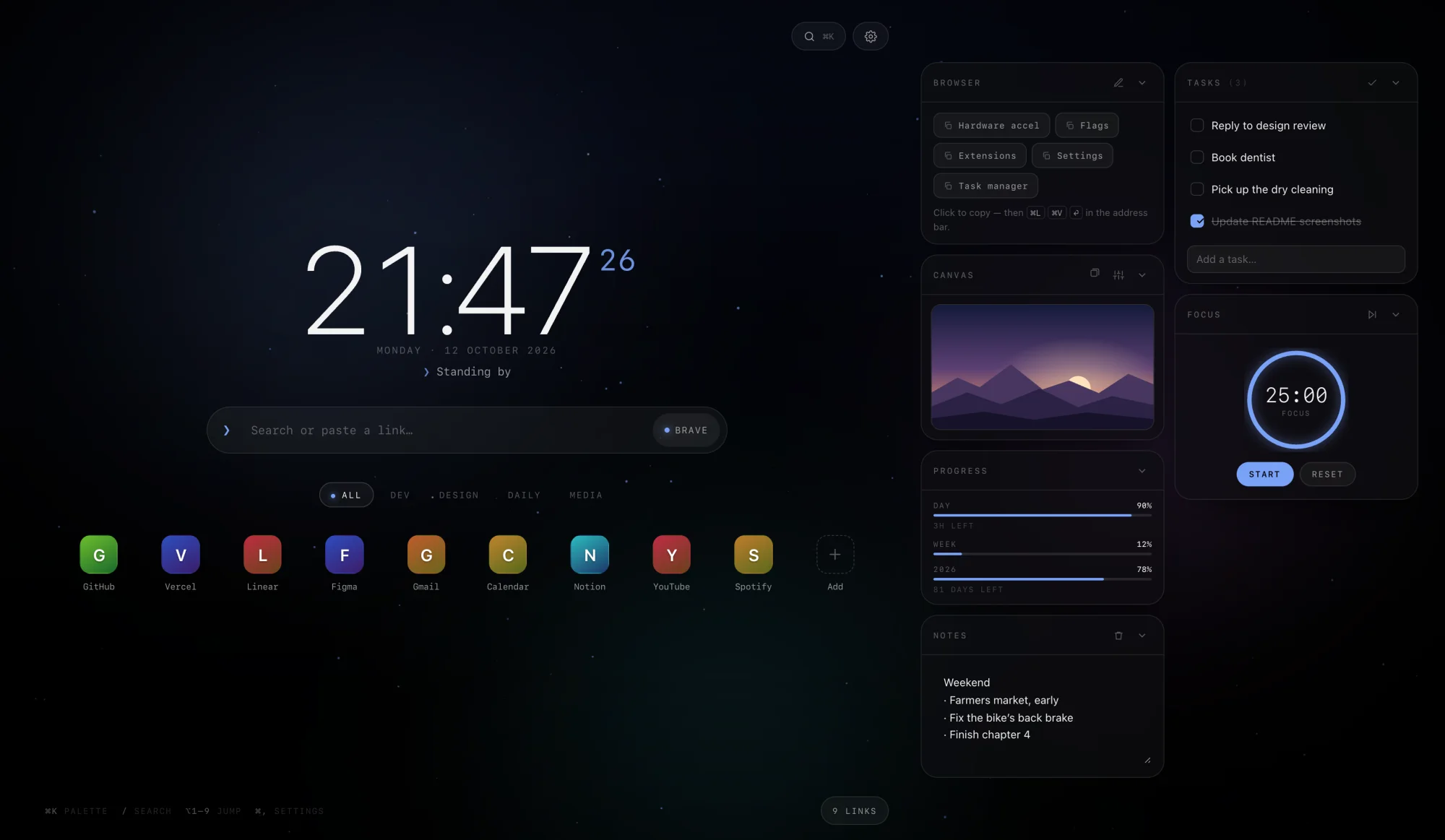 Void at 21:47: a large thin clock with the date and a ‘Standing by’ greeting, a search bar with a shell prompt, a row of letter-tile links, and a two-column dock of browser shortcuts, a picture, progress bars, notes, tasks and a focus timer, over a dark blue starfield