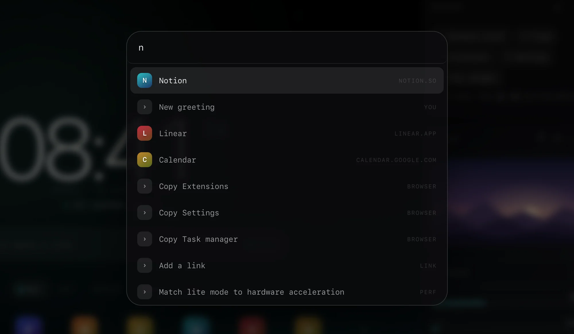 The command palette with the letter n typed: Notion, Linear and Calendar links mixed with commands like ‘New greeting’, ‘Copy Extensions’ and ‘Add a link’