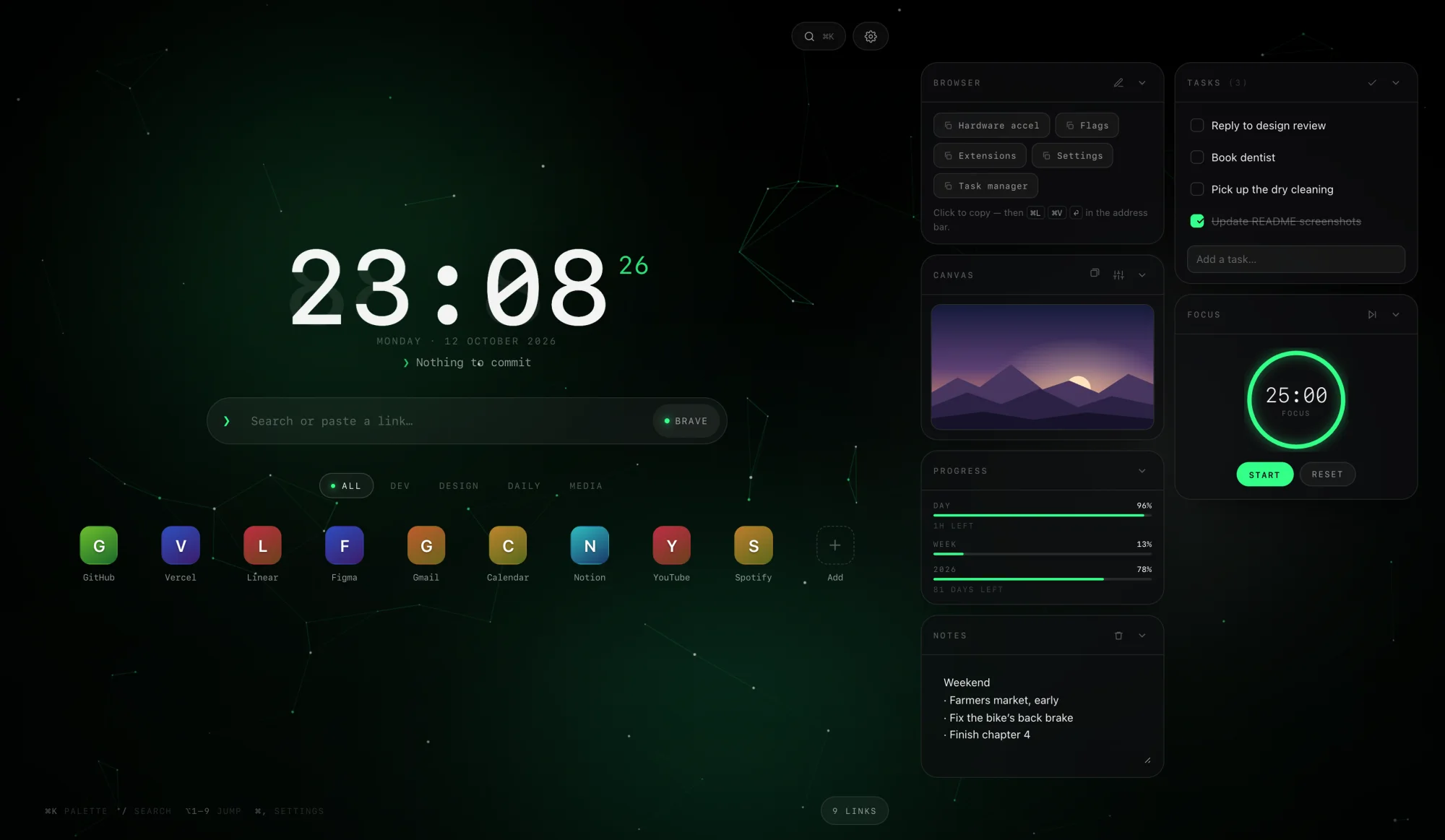 The Terminal theme: green accent, a constellation of linked points, and the Segment clock face reading 23:08 with faint unlit eights behind the digits