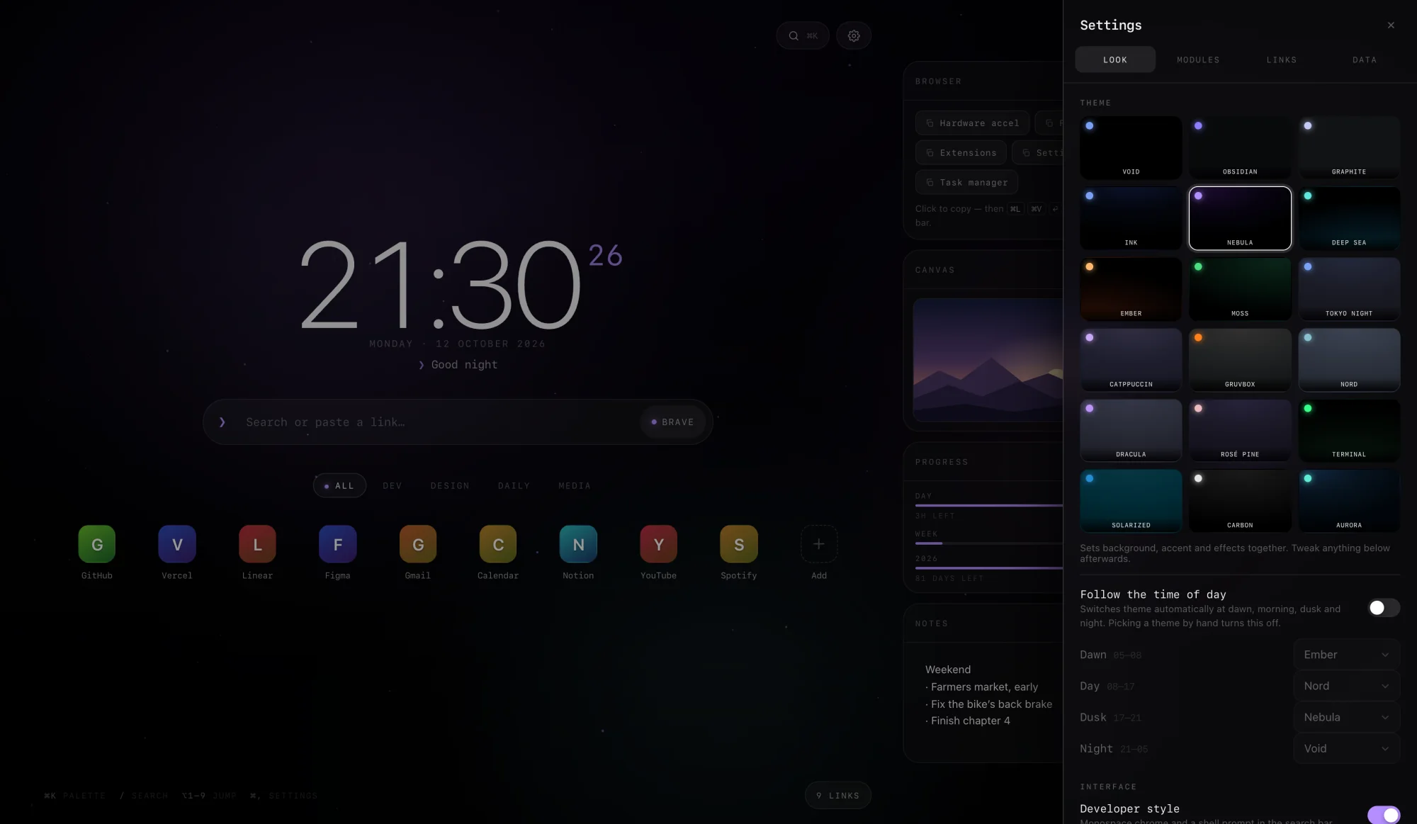 The settings drawer on the Look tab: eighteen theme cards in a three-column grid with Nebula selected, then a ‘Follow the time of day’ switch with a theme chosen for dawn, day, dusk and night